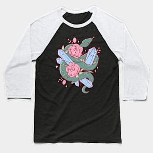 Green Snake with Peonies and Blue Crystals Baseball T-Shirt